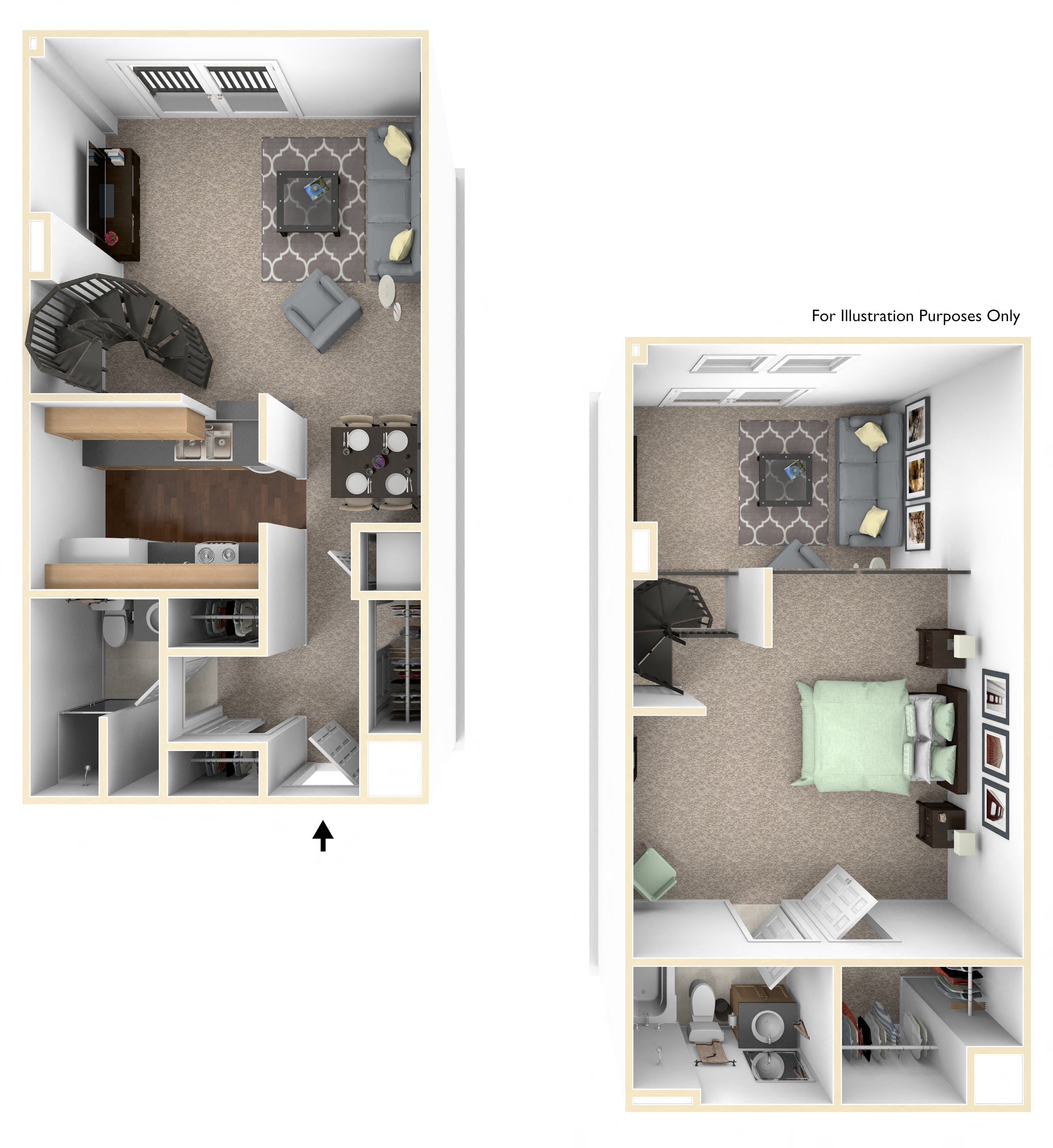 Floor plan for 1 bed, 2 baths, 787 sqft